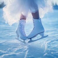 Close-up of woman ice skating on a pond on a freezing winter day photo