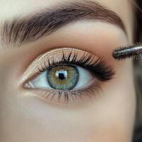 A close-up shot of a woman's eye as she applies mascara to her eyelashes. The focus is on the lashes, with the mascara wand gently brushing through them, adding volume and length photo