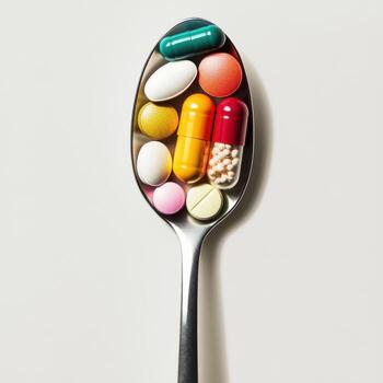 various tablets of different shapes and colors placed on a stainless steel spoon, set against a clean, white background photo
