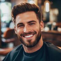 A man is smiling in a barber shop photo