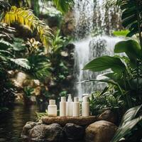 natural cosmetics against the backdrop of a beautiful jungle waterfall. Concept of natural cosmetics photo