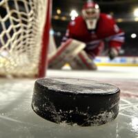 the goalie watches the hockey puck fly into the goal. The concept of goal and failure at the same time photo
