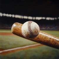 close-up of a baseball bat making contact with a baseball, captured in sharp focus with the ball slightly blurred in mid-flight photo