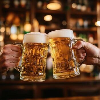 de cerca de dos amigos tostado con dos gases de cerveza foto