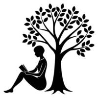Illustration of a woman silhouette sitting under a tree with a book vector
