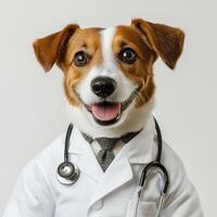 smiling dog wearing a doctor's coat and a stethoscope around its neck, standing on a clean white background photo
