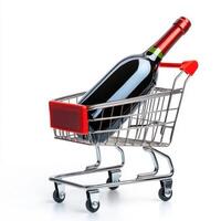 shopping cart with big wine bottle isolated on white background photo