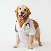 smiling dog wearing a doctor's coat and a stethoscope around its neck, standing on a clean white background. The dog has a friendly, approachable expression, with a slight smile on its face photo