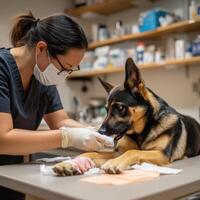 photo of a veterinarian carefully bandaging a dog's paw in a veterinary clinic. The dog is calm and resting on the table