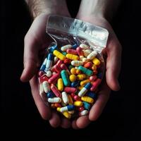 a bag of pills in hand top view photo