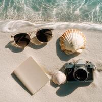 holiday background with shells and sunglasses photo