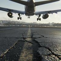 The airplane is captured mid-flight, lifting off, with its engines visible and exhaust leaving a trail behind. The asphalt runway is clearly detailed, with visible tire marks, cracks, and debris photo