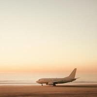 A simple passenger airplane is parked on a quiet beach, with no people in sight. The scene is bathed in the warm, golden light of a beautiful sunset photo