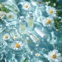 cream with camomile flowers in the river, top view photo