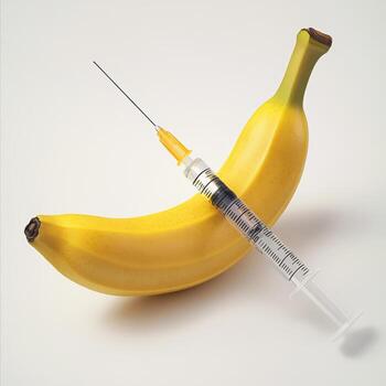 concept of genetically modified food. Banana with medical syringe on white background photo