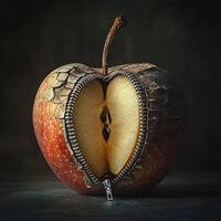 Red apple with a zipper on a black background photo