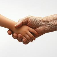 A poignant image of a child and an elderly person shaking hands, symbolizing the connection between generations, set against a pure white background photo