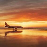 A simple passenger airplane is parked on a quiet beach, with no people in sight. The scene is bathed in the warm, golden light of a beautiful sunset photo