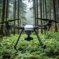 Quadcopter on against a backdrop of jungle trees photo