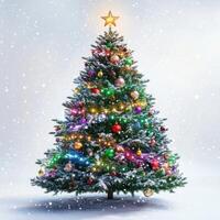 Christmas tree decorated with twinkling fairy lights, colorful ornaments, and a sparkling star on top photo