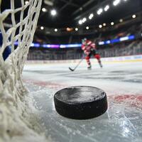 ice hockey player scores a goal. Close angle of the puck crossing the goal line photo