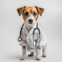 dog wearing a doctor's coat, stethoscope around its neck, standing on a clean white background. The dog has a calm and professional expression photo
