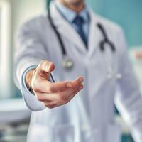 A doctor extends his hand for assistance in front of a hospital building. The doctor is wearing a white lab coat, a stethoscope and a warm, professional expression. photo
