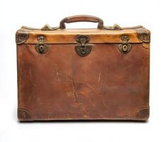 old brown leather briefcase isolated on white photo