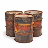 old metal barrels oil isolated on white background photo