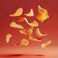 Potato crisps falling down against a red background photo