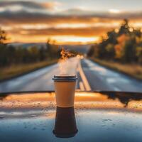 A coffee cup placed on the hood of a car, with the road stretching out in the background. The concept of a pleasant journey in your own car photo