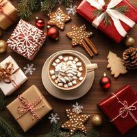 A festive Christmas flat lay with an assortment of holiday-themed items arranged on a clean wooden surface photo