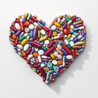 large pile of colorful pills and capsules arranged in the shape of a heart, placed on a clean, pure white isolated background photo