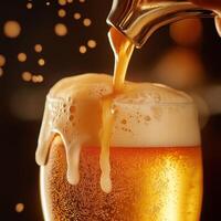 Macro shot of a golden beer glass being filled, capturing the moment when beer flows from the tap into the glass photo