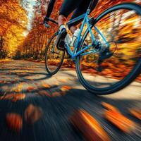 bicycle speeding down an autumn road, captured in motion with a sense of dynamic energy photo