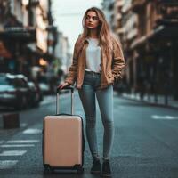 suitcase placed on the asphalt, with a young woman standing beside it. The woman is casually dressed, ready for a journey, with a relaxed posture photo