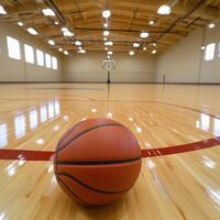 basketball court with a basketball placed in the center. The court features well-marked lines, a wooden floor with a polished finish, and basketball hoops in the background photo