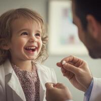 child smiling and looking at a doctor while being given a pill. The child, around 5-7 years old, sits comfortably in a medical setting, smiling with a sense of trust photo