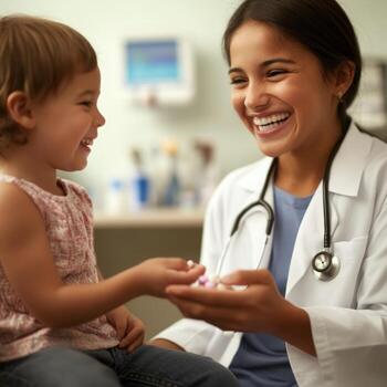 niño sonriente y mirando a un médico mientras siendo dado un píldora. el niño, alrededor 5-7 años viejo, se sienta cómodamente en un médico configuración, sonriente con un sentido de confiar foto