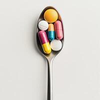 various tablets of different shapes and colors placed on a stainless steel spoon, set against a clean, white background photo