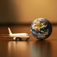 A small model airplane and a miniature planet figurine are placed next to each other on a flat surface, with the airplane slightly angled as if soaring around the planet. photo
