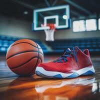 photo of a basketball and a pair of brand-new basketball sneakers placed on the polished hardwood floor of an indoor basketball court