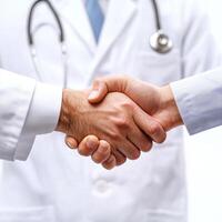 two doctors shaking hands, both wearing white lab coats and stethoscopes. Their hands are clearly visible, with detailed skin textures and natural lighting that highlights the gesture of the handshake photo