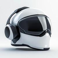 White and black motorcycle helmet with headset on white background photo