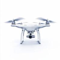 White professional drone with camera hovering on white background photo