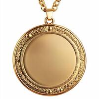 Golden medal hanging on chain displaying achievement and success photo