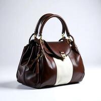 Elegant two-tone leather handbag on neutral background photo