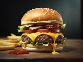 Delicious burger with melting cheese, pickles and fries on wooden table photo