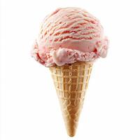 Strawberry ice cream scoop melting on waffle cone photo