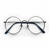 Round eyeglasses resting on white background photo